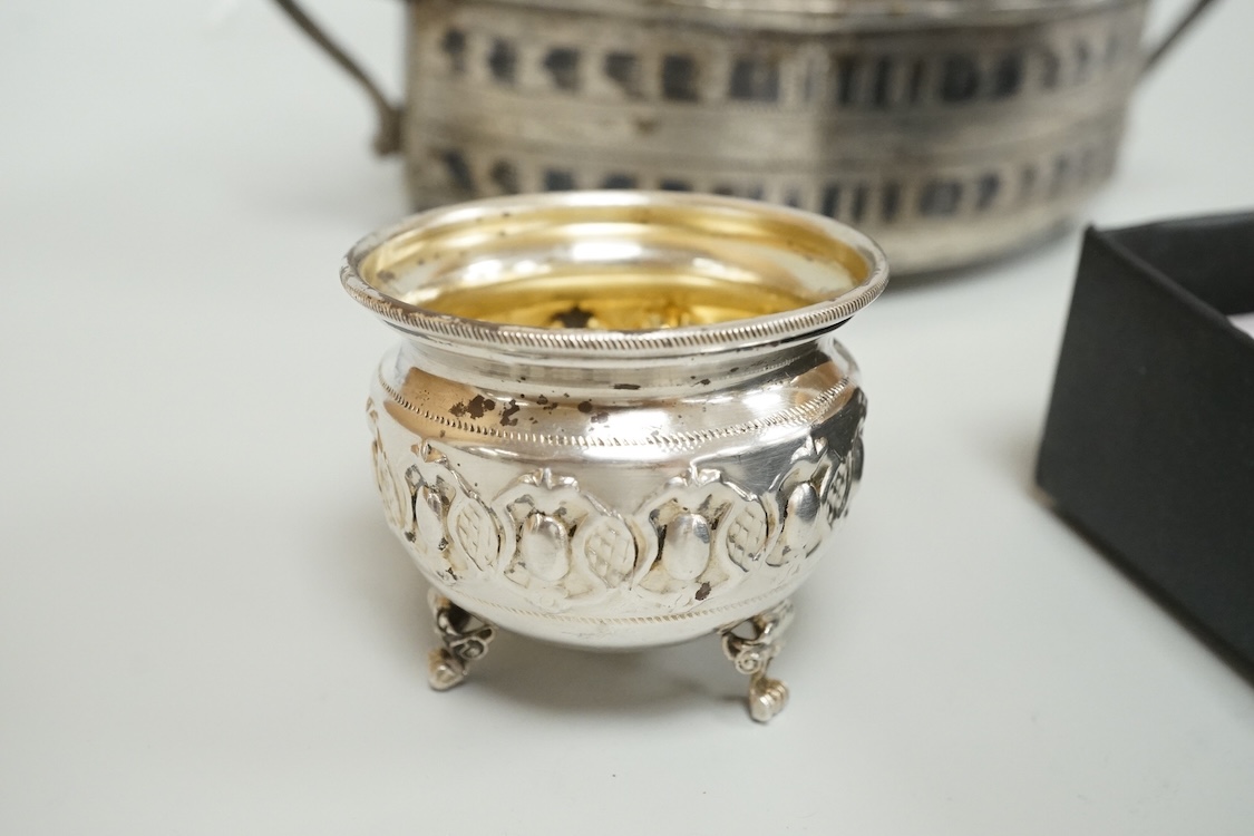 A small group of assorted continental 925 and other white metal items including a Judaic scroll holder, a Torah pointer?(lacking pointer), an Israeli ashtray, three Judaic match sleeves, two 925 handled servers and an Ir